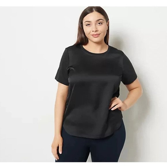 J Jason Wu Women's Top Short Sleeve Mixed Media Hi-Lo Hem Tee in Black Size XL - Picture 1 of 6